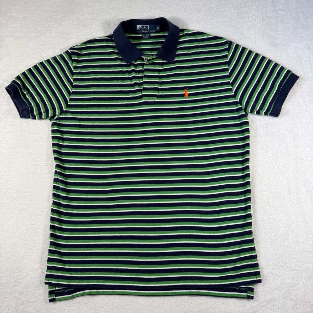 Polo Ralph Lauren Mens Striped Polo Shirt Navy Blue Green Orange Pony Size M